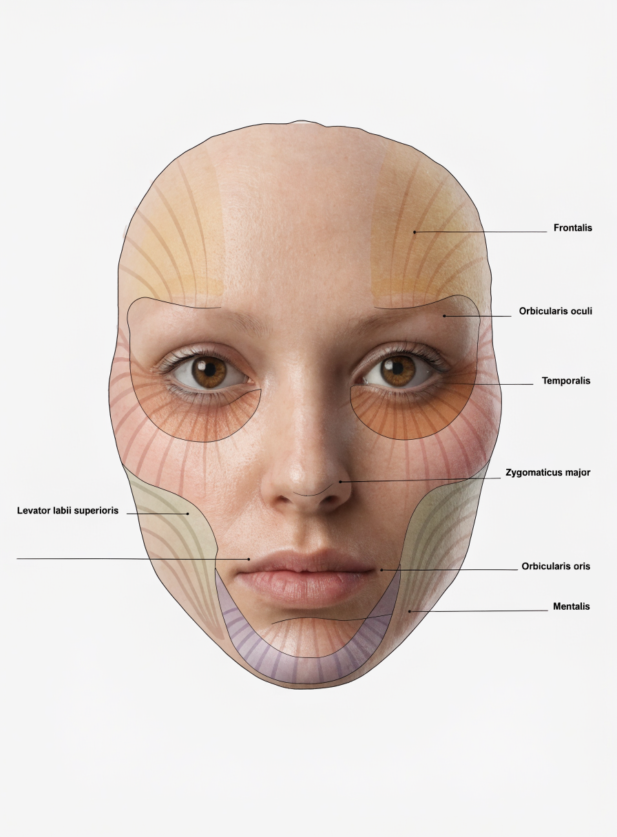 Frontal facial anatomy reference illustration. Selectable muscle zones are overlaid on this image and are also listed as buttons in the muscle index beside it.